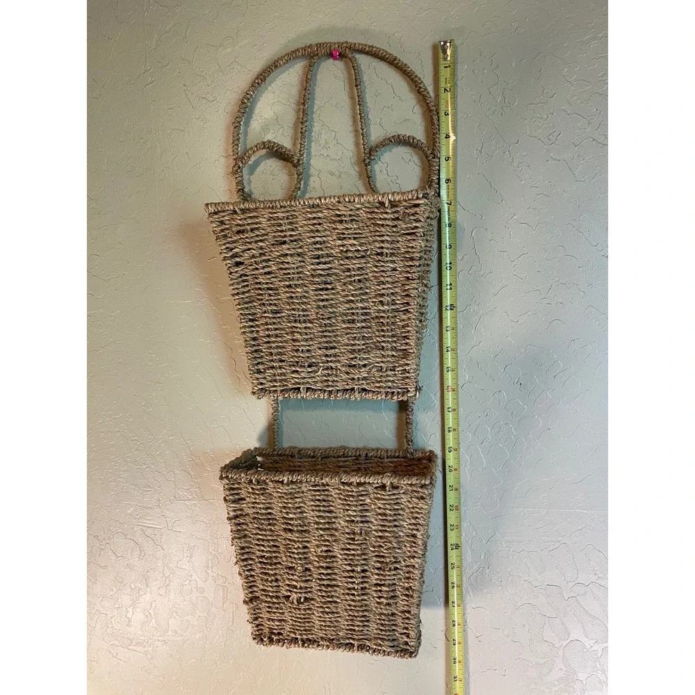Vintage Woven Seagrass 2 Tier Wall Hanging Basket Organizer Natural Boho Storage